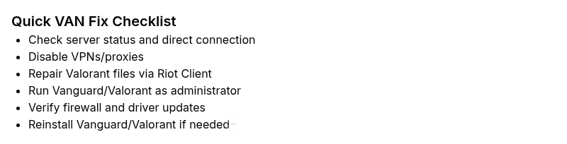 Checklist for fixing Valorant VAN error