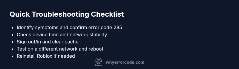 Infographic checklist for Roblox error code 285 troubleshooting