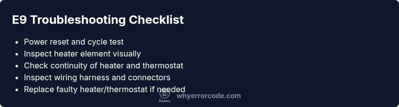 Infographic checklist for diagnosing Maytag E9 error