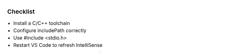 Checklist for fixing stdio.h include errors in VS Code