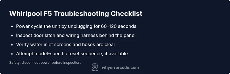 Checklist for Whirlpool F5 error code troubleshooting