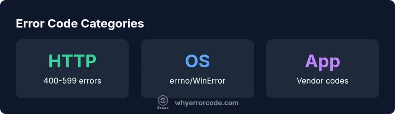 Infographic showing error code categories: HTTP, OS, App