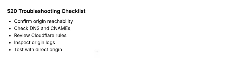 Checklist infographic for troubleshooting error code 520