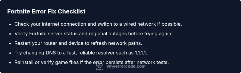 Checklist infographic showing steps to fix Fortnite error code AS 3 fortnite repair
