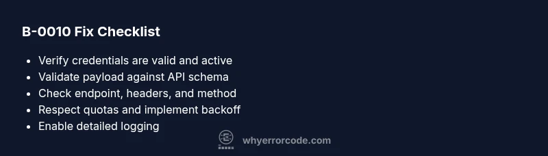 Checklist for resolving error code b-0010