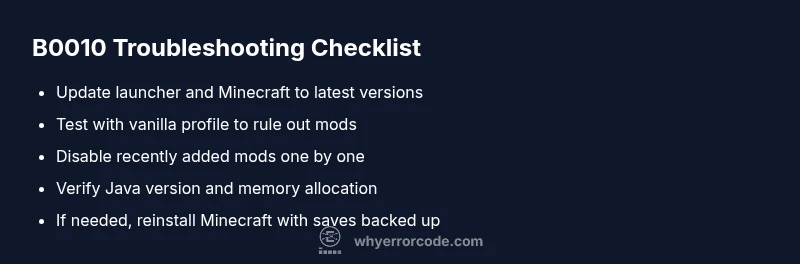 Checklist for B0010 troubleshooting in Minecraft