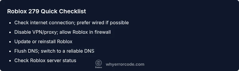 Checklist for Roblox error 279 resolution