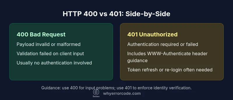 Comparison infographic showing 400 vs 401 status codes side-by-side